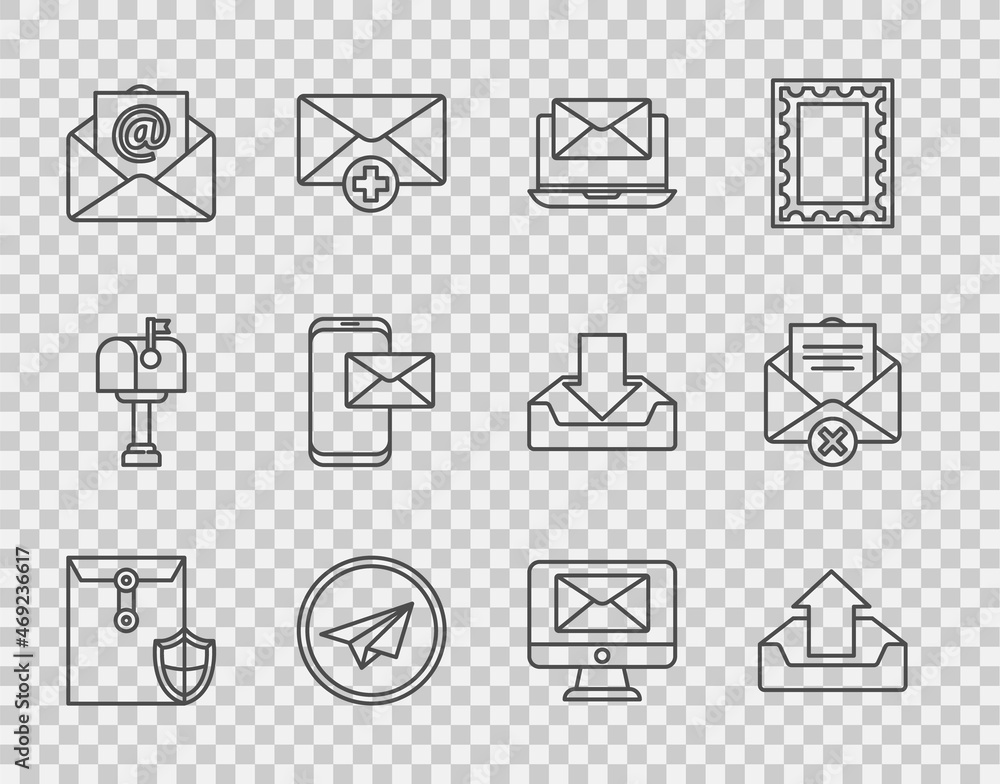Set line Envelope with shield, Upload inbox, Laptop envelope, Paper plane, Mail and e-mail, Mobile, 