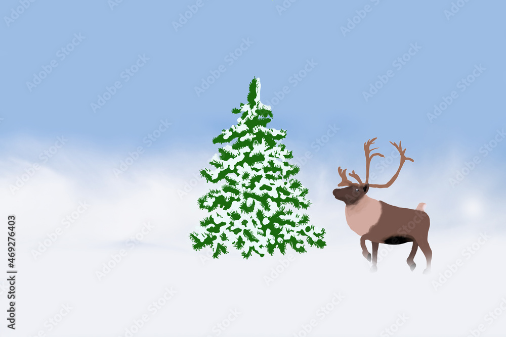 蓝天下覆盖着毛茸茸的雪和鹿的圣诞树的数字绘图