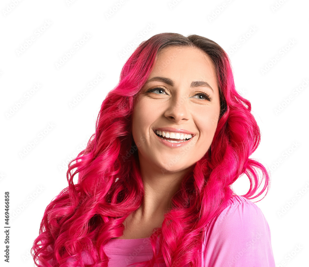 Beautiful woman with unusual bright hair color on white background