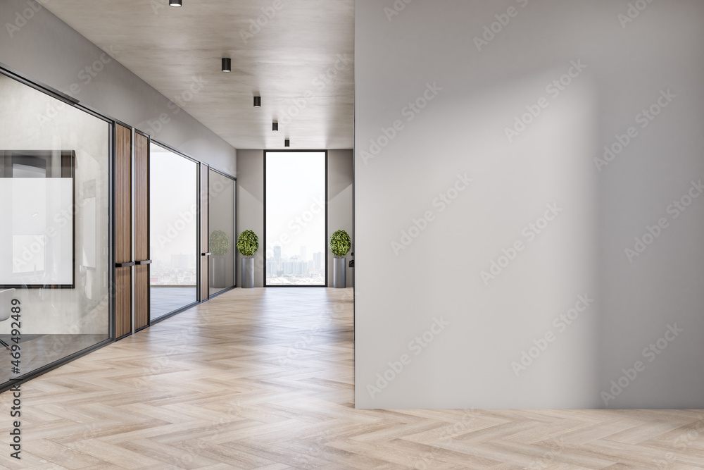 现代白色混凝土和木制办公室内部走廊，墙上有空的实体模型，玻璃，p