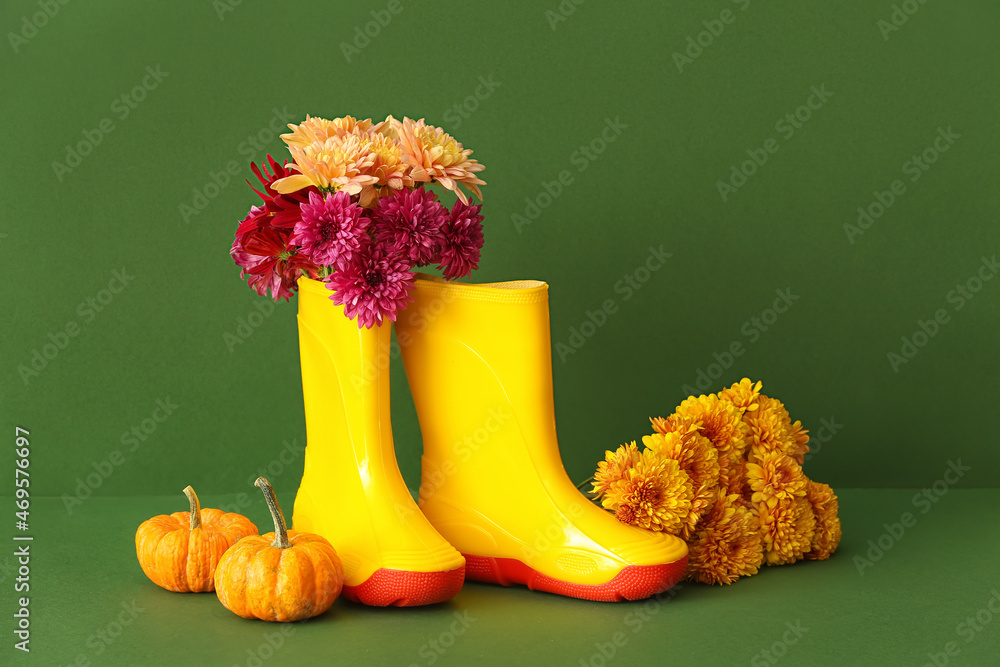 彩色背景上的橡胶靴、花朵和南瓜