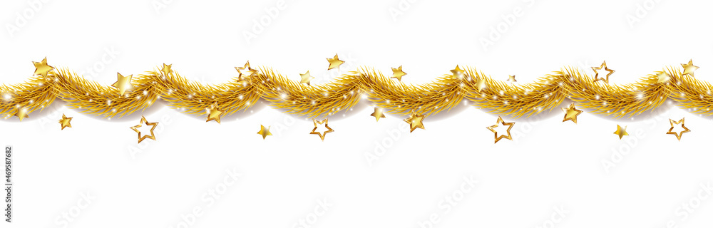 圣诞金色花环，白色背景上有星星。圣诞树金色装饰eleme