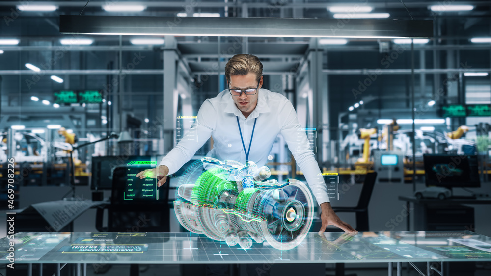 Confident Engineer in White Shirt Working on Jet Engine with Use of Augmented Reality Hologram in an