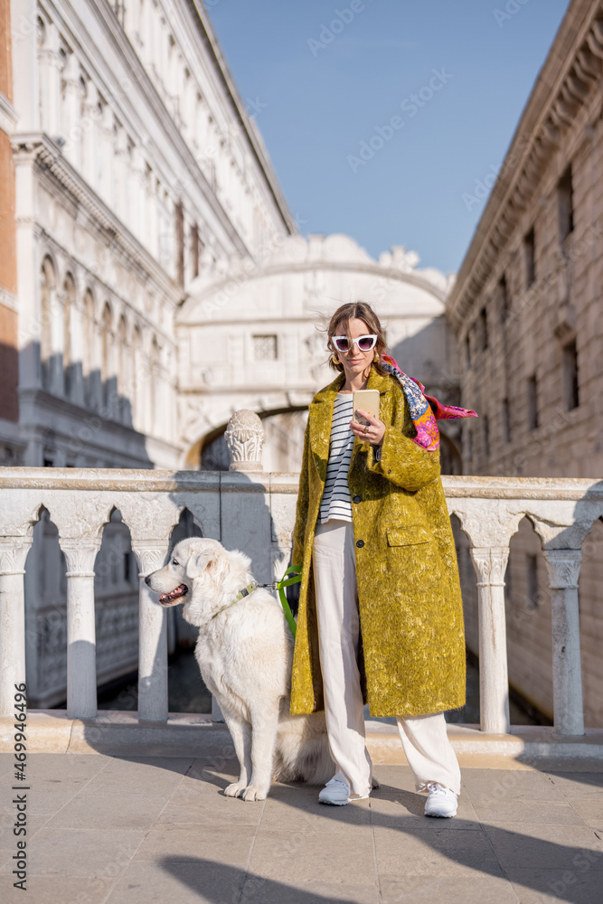 一个女人和她的狗站在桥上欣赏威尼斯运河的美景。幸福的概念