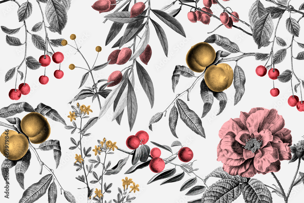 复古玫瑰图案矢量粉色植物和水果插图