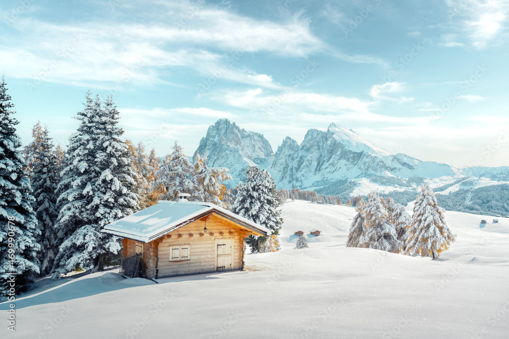 冬季阿尔卑斯草原上的小木屋风景如画。Seiser Alm
