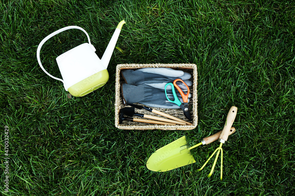 室外绿草上带园艺工具的柳条篮子