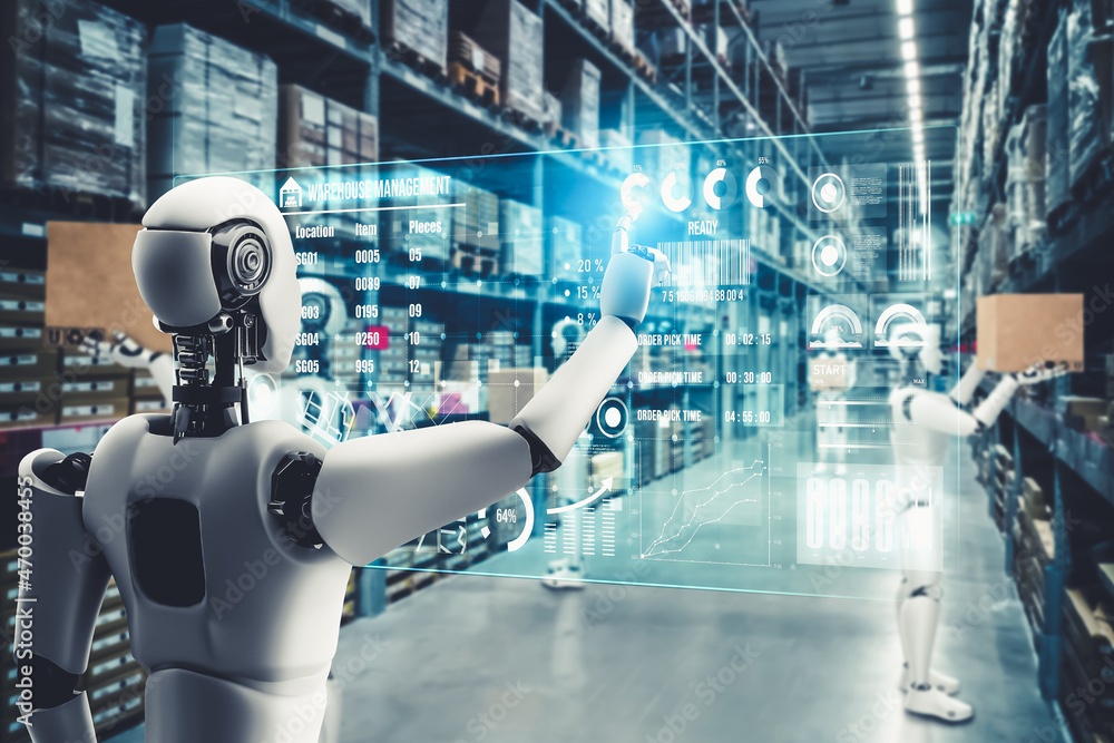 创新行业机器人在仓库工作，用于人工劳动替代。人工智能的概念