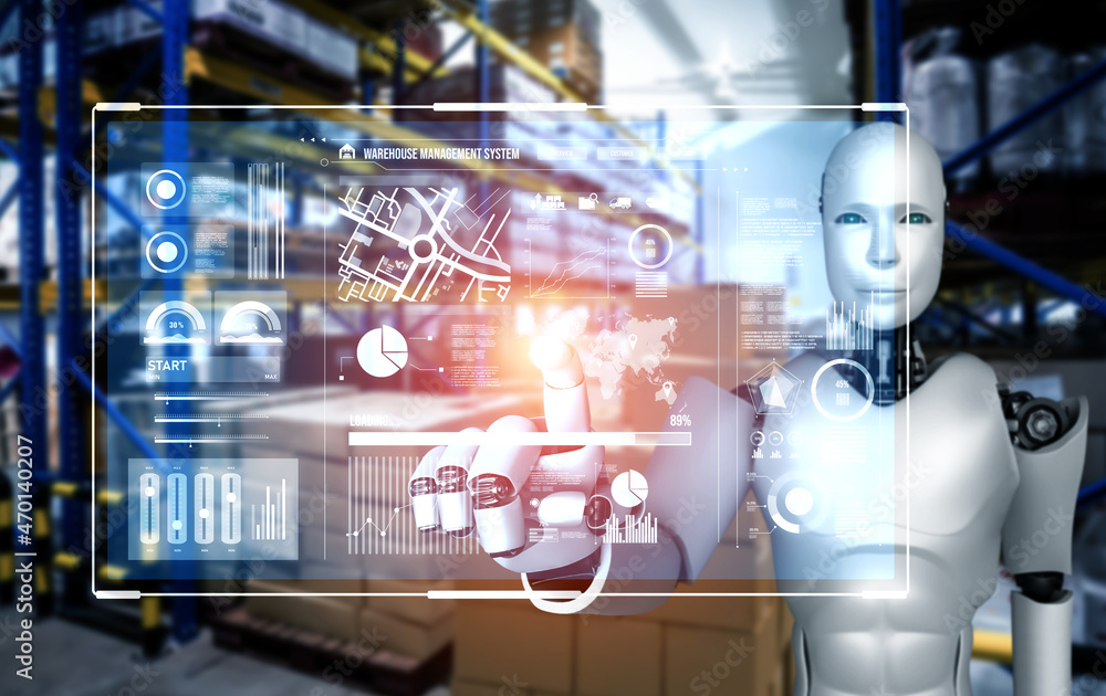 创新行业机器人在仓库中工作，以替代人力。人工智能的概念