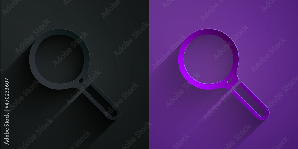 剪纸放大镜图标隔离在紫色背景上的黑色上。搜索、聚焦、缩放、业务