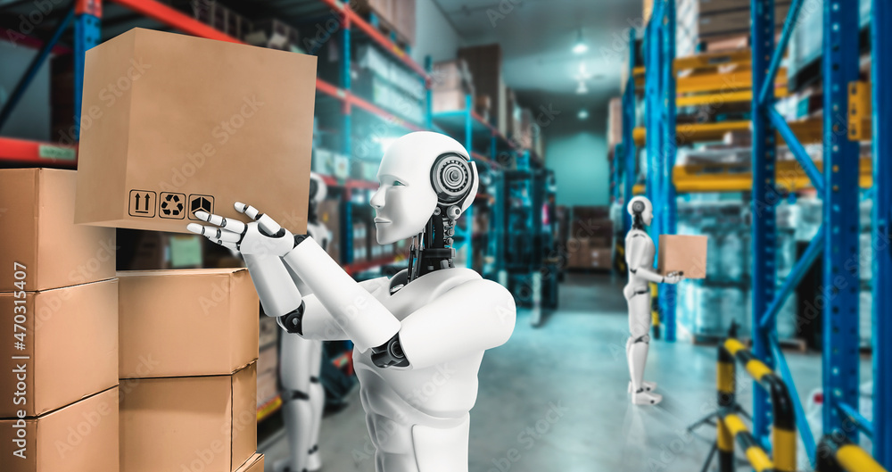 创新的行业机器人在仓库中工作，以替代人力。人工智能的概念