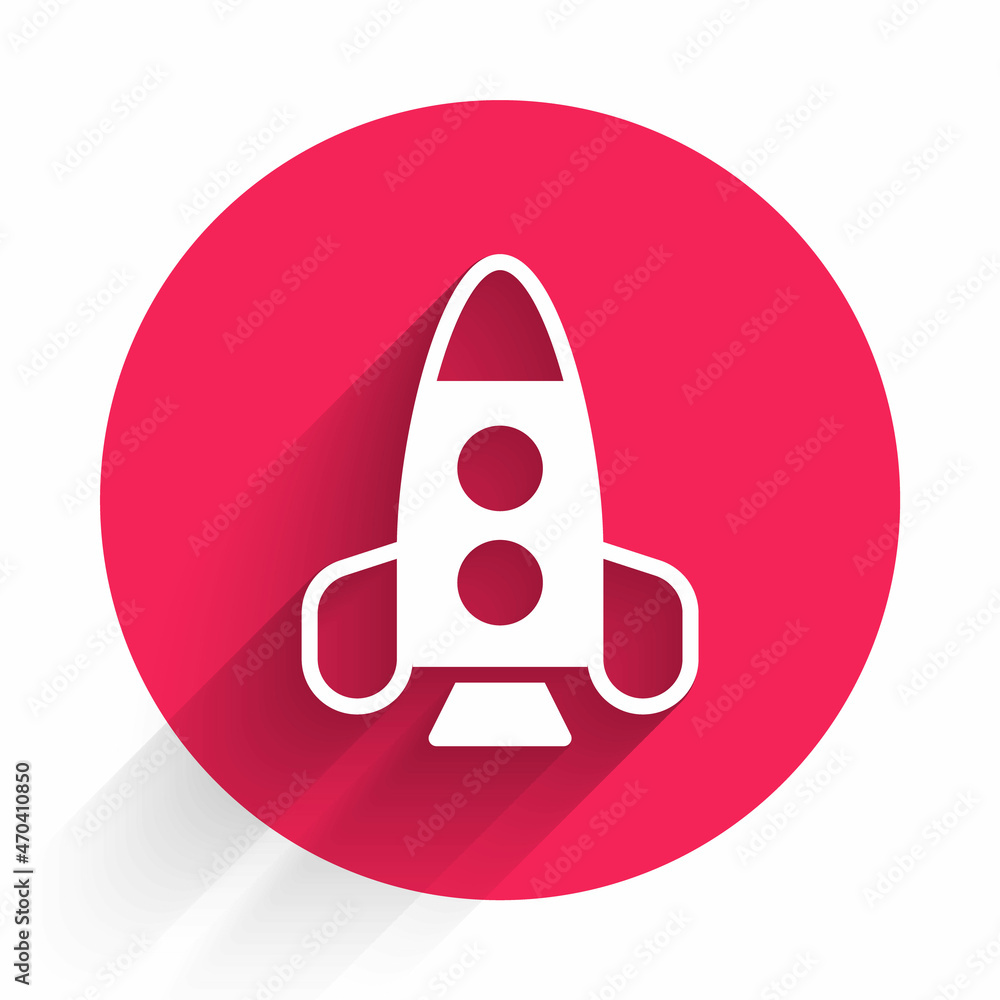 白色火箭飞船玩具图标，长阴影背景。太空旅行。红色圆圈按钮。Ve