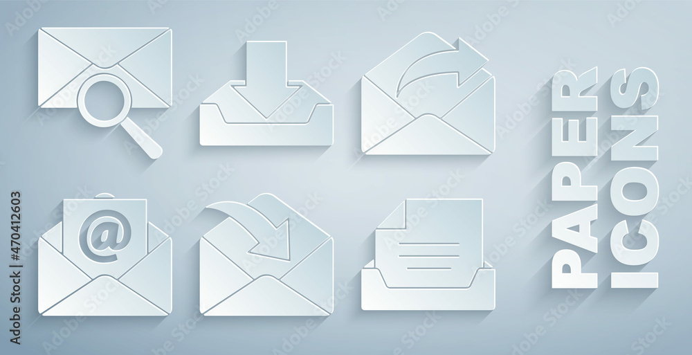 Set Envelope, Outgoing mail, Mail and e-mail, Drawer with document, Download inbox and magnifying gl