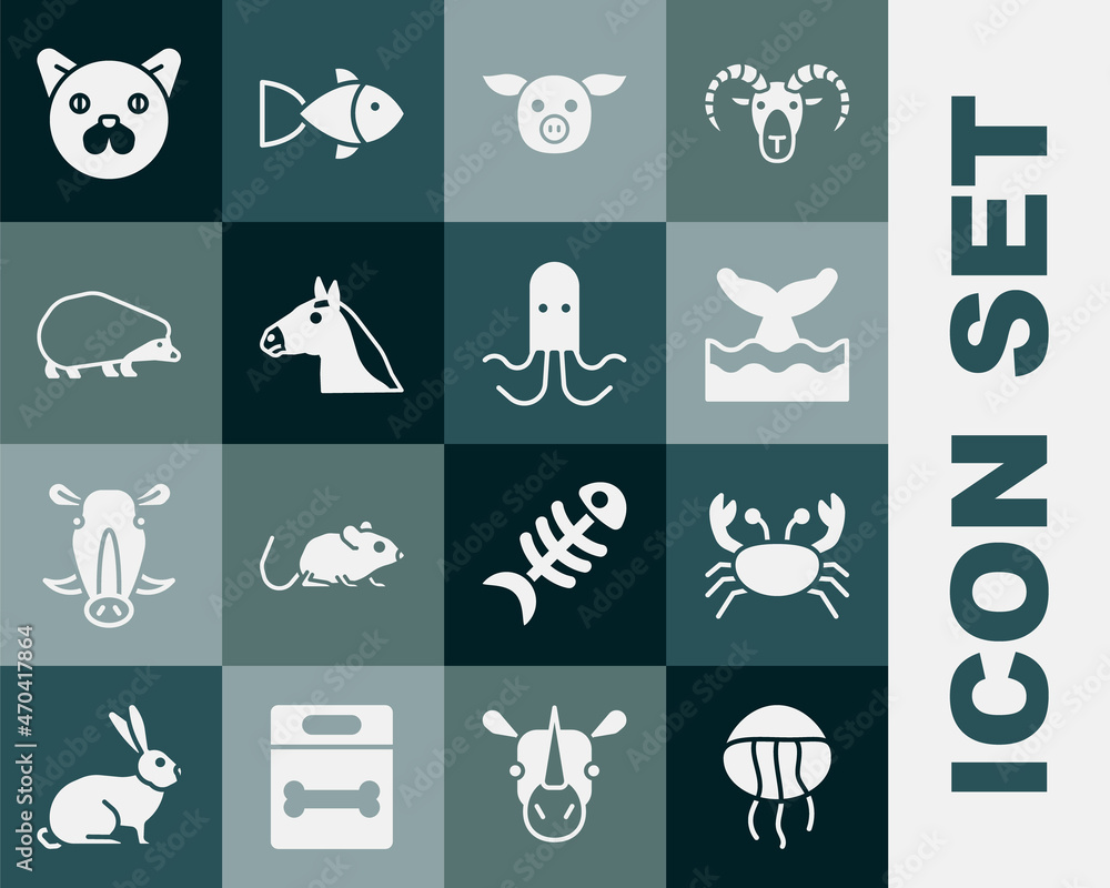 Set Jellyfish, Crab, Whale tail in ocean wave, Pig, Horse head, Hedgehog, Cat and Octopus icon. Vect