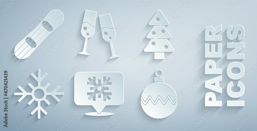 设置雪花演讲气泡、圣诞树、球、一杯香槟和滑雪板图标。矢量