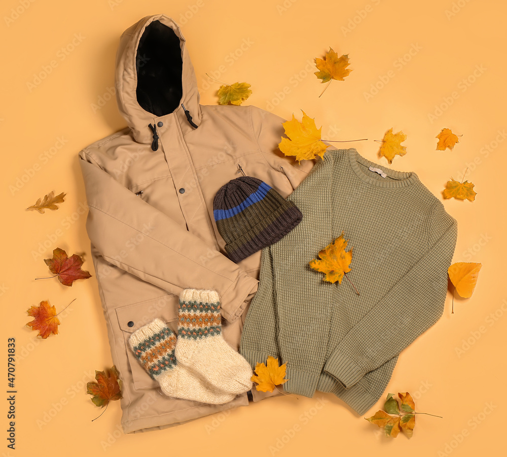 时尚的男性夹克、毛衣、袜子、帽子和秋叶色背景