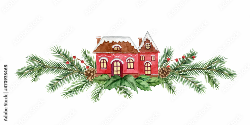 水彩圣诞——一张有房子和冷杉树枝的卡片。