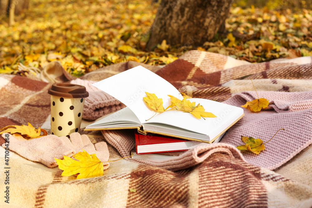 秋天公园里的一摞书、一杯饮料和格子上的金色叶子