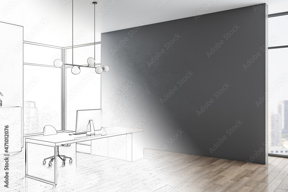Modern sketch of concrete office interior with empty mock up place on wall, wooden flooring, panoram