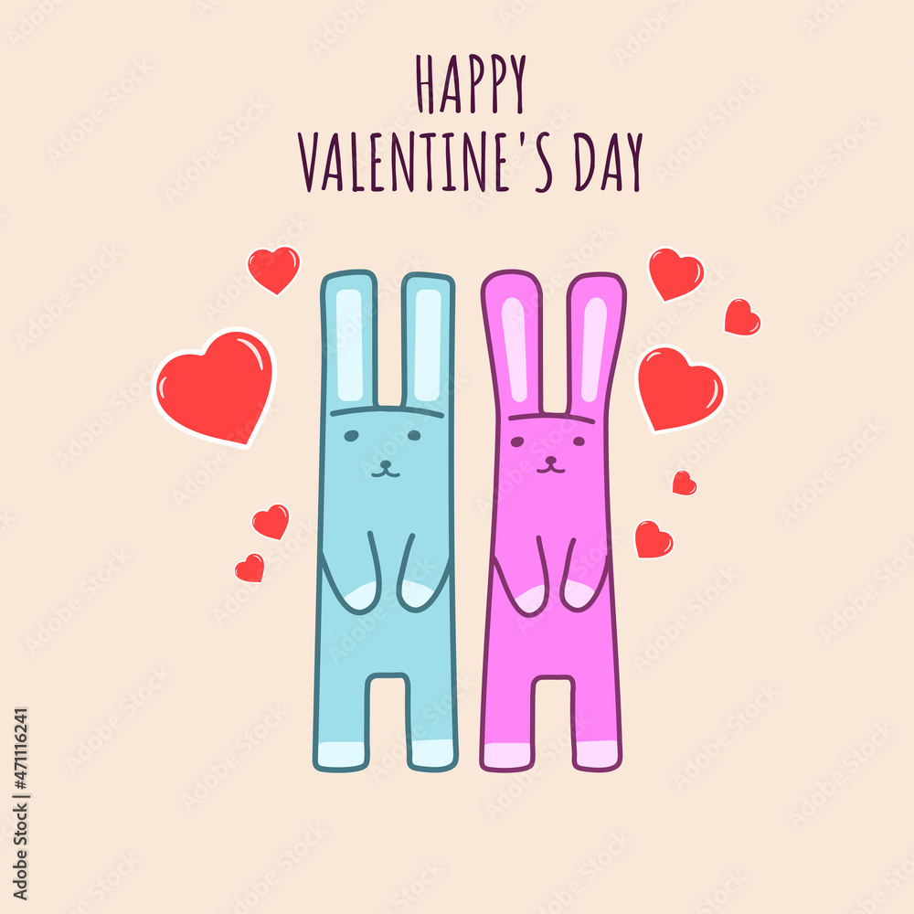 两只可爱的恋爱中的漂亮兔子，一个男孩和一个女孩，情人节卡片