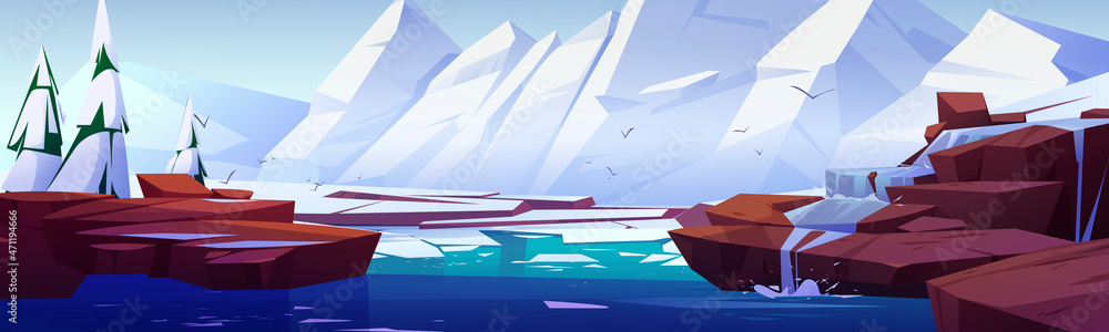 北极风景，白色的山脉，融化的冰雪。北方的矢量卡通插图
