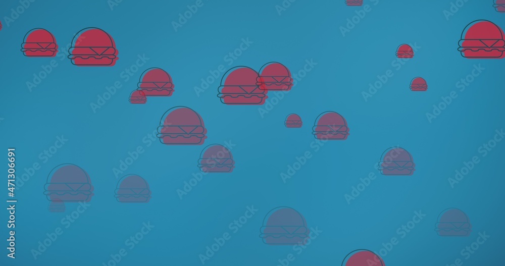 蓝色抽象背景下红色美国汉堡三明治的数字合成图像