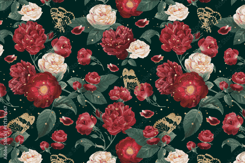 经典浪漫红玫瑰矢量花卉图案水彩插图