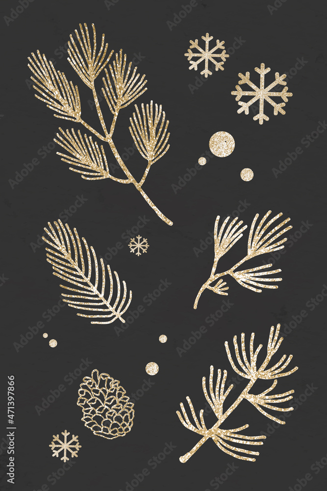 Glittery Christmas tree plants with snowflakes on black background vector