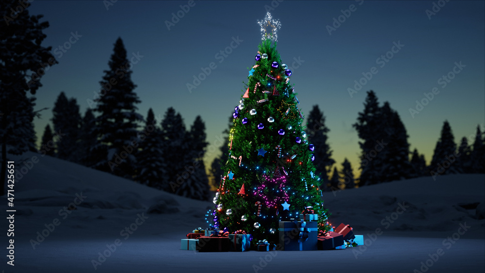 除夕夜，雪地森林里的圣诞树上摆放着新年玩具、装饰品和礼物