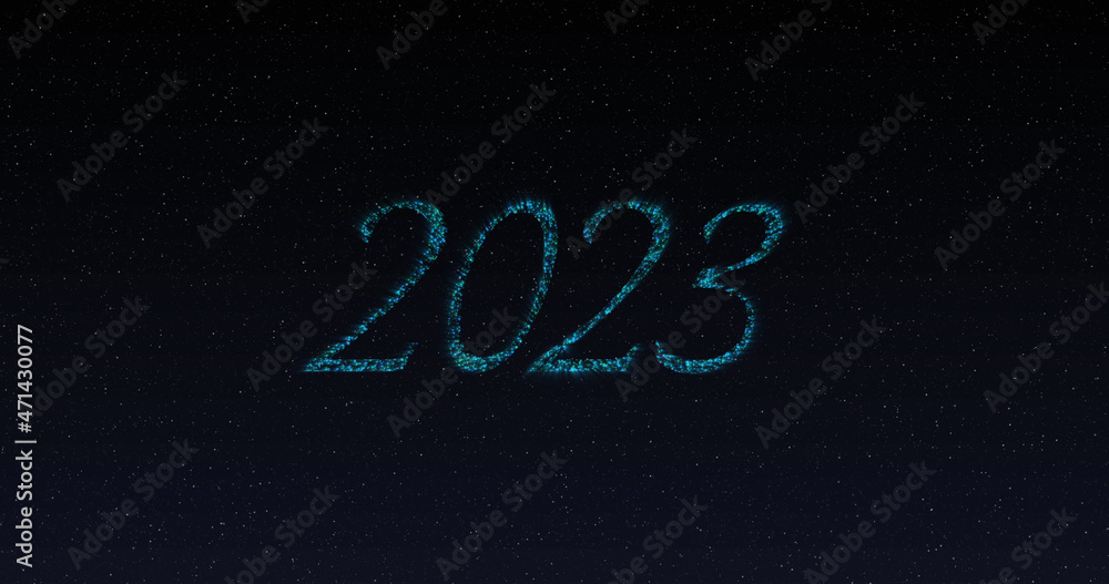 闪烁的蓝色字母和烟花中的2023年图像