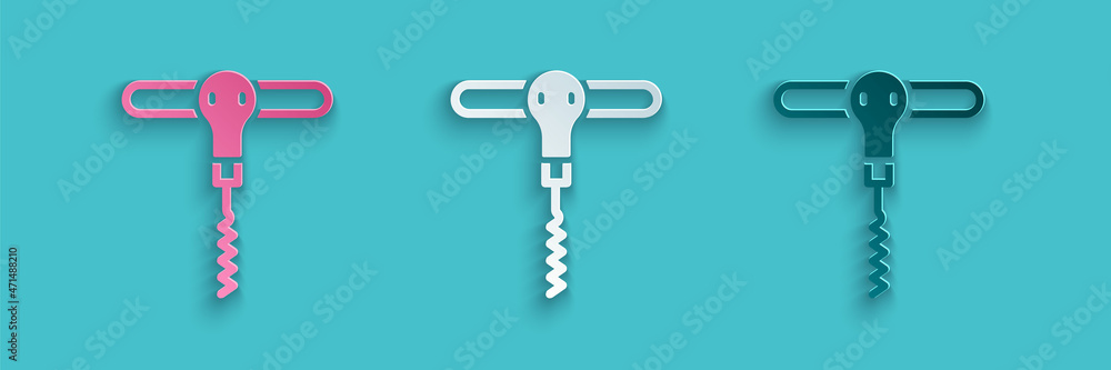 Paper cut Wine corkscrew icon isolated on blue background. Paper art style. Vector