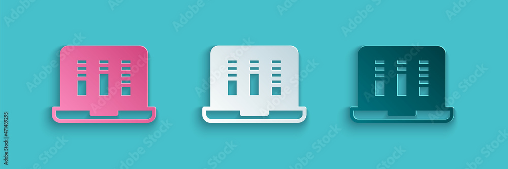 笔记本电脑上的剪纸声音或录音机或编辑软件图标在蓝色背景上隔离。Pap