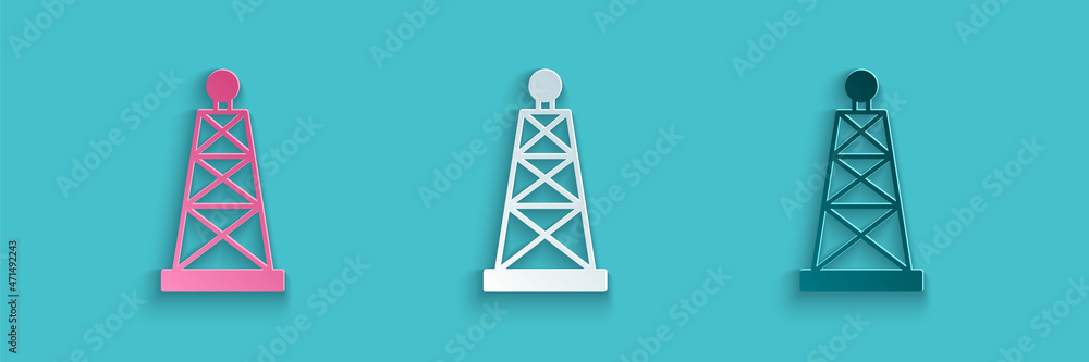 蓝色背景上隔离的剪纸石油钻机图标。天然气塔。工业物体。纸艺风格。V