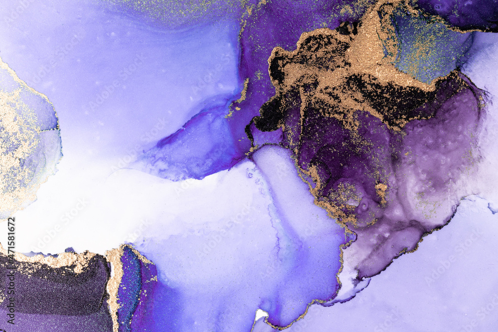 纸上大理石液体墨水艺术绘画的紫金抽象背景。原始艺术的图像