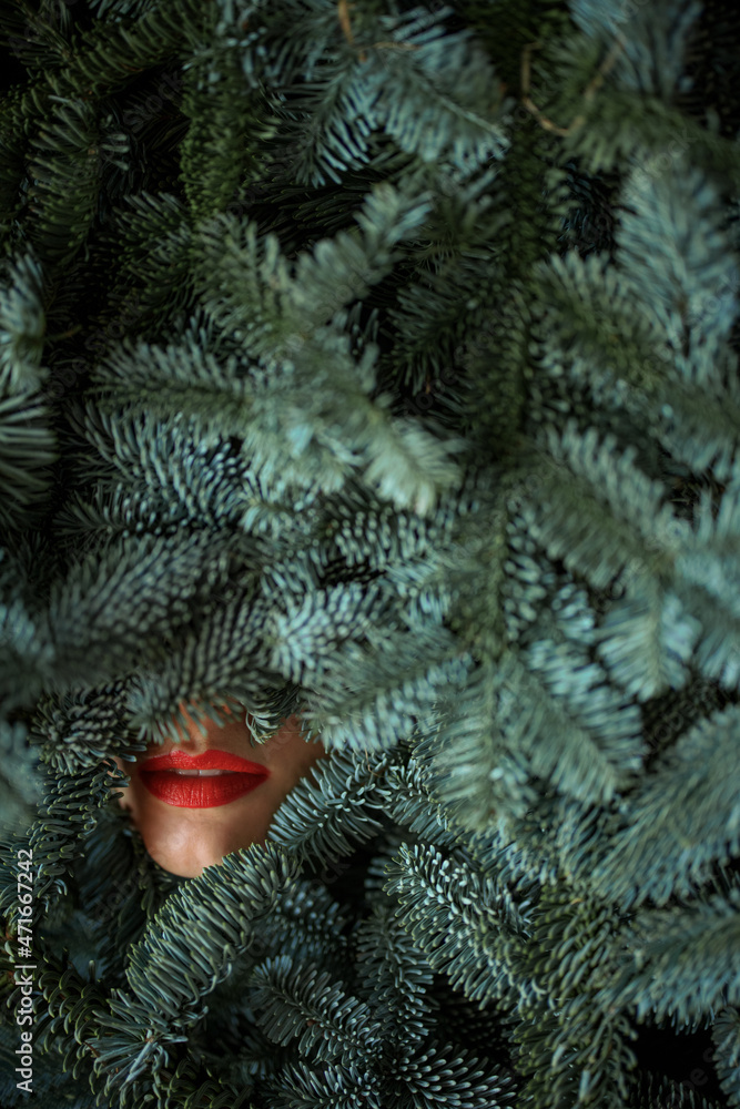 女人的脸上长满了贵族的树枝。可见的红唇。女性美丽的概念和