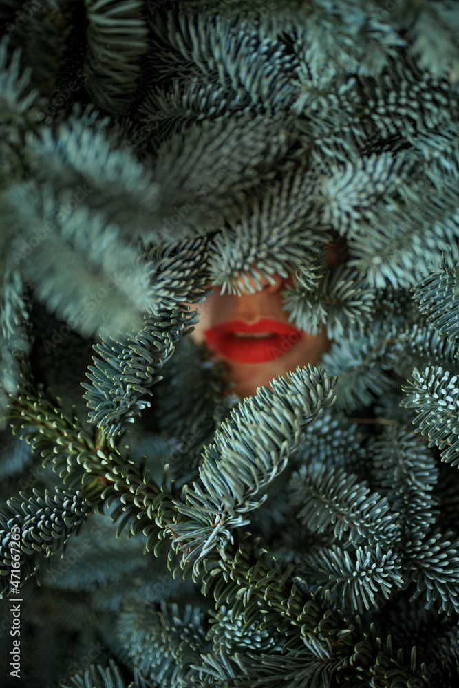 女人的脸上长满了贵族的树枝。可见的红唇。女性美丽的概念和