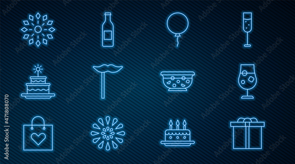 套装礼盒，鸡尾酒和酒精饮料，带丝带的气球，纸胡子棒，蛋糕burni