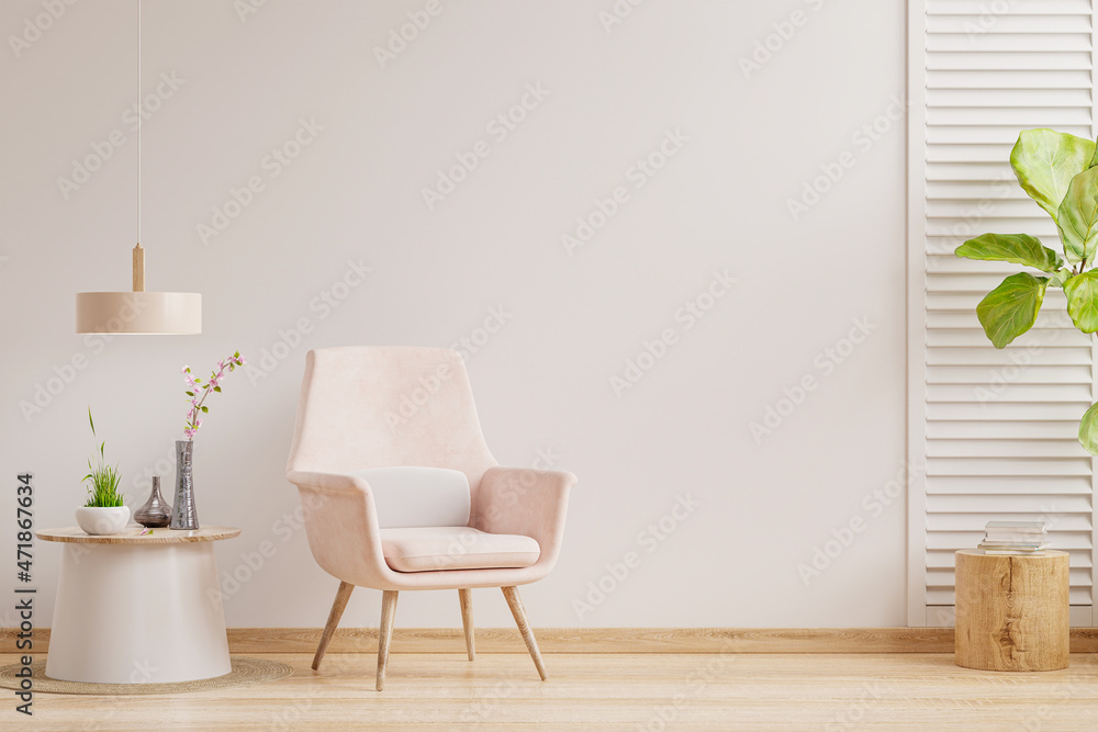 暖色调的客厅内墙模型，粉色扶手椅，简约设计。