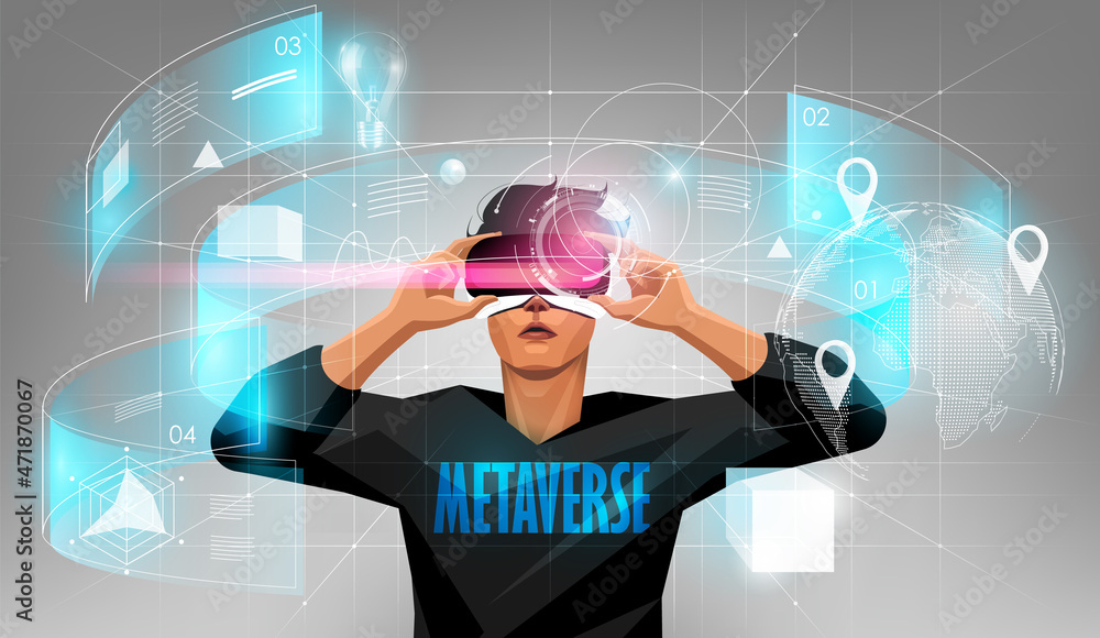 元宇宙数字网络世界技术，戴着虚拟现实眼镜的人被未来包围
