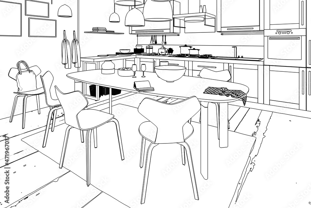现代厨房区域与餐厅集成（草图）-三维可视化