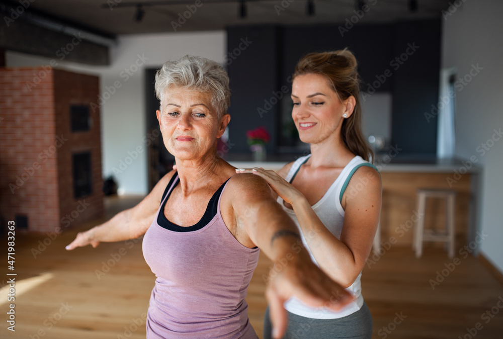 Active senior woman in sportsclothes exercising with female physioterapist indoors at home.