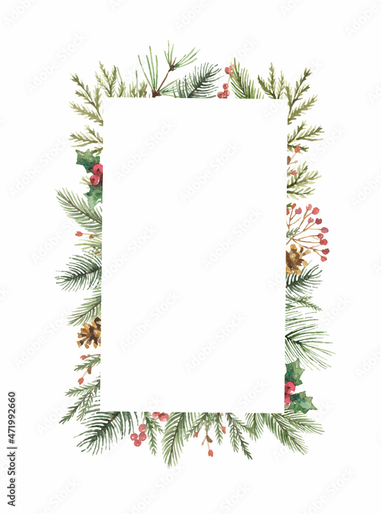 水彩矢量圣诞框架，带有冷杉树枝、树叶和圆锥体。