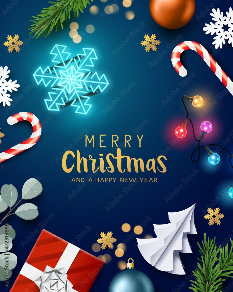 Christmas celebrations background layout with Xmas decorations and room for text. Vector illustratio