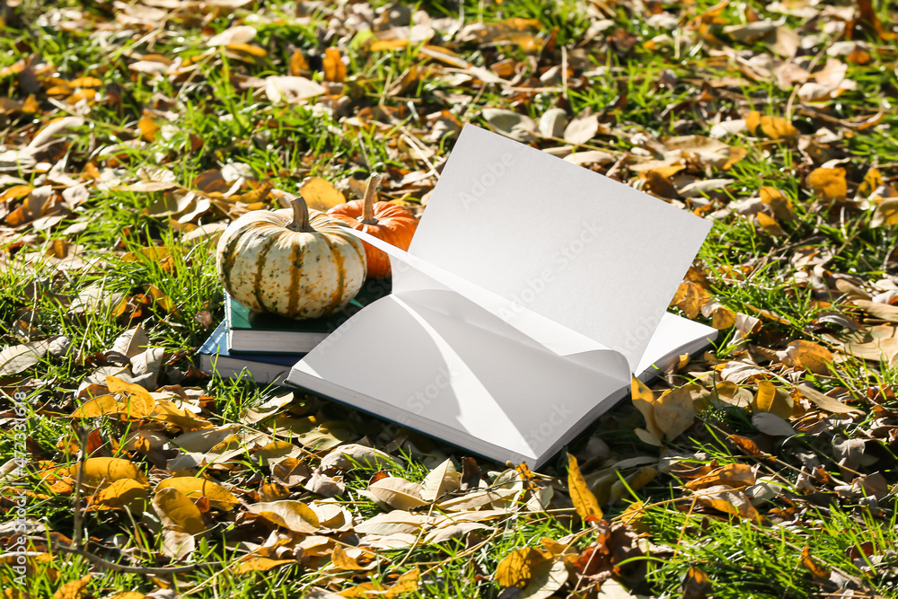 Opened book with blank pages and pumpkins on green grass with autumn leaves