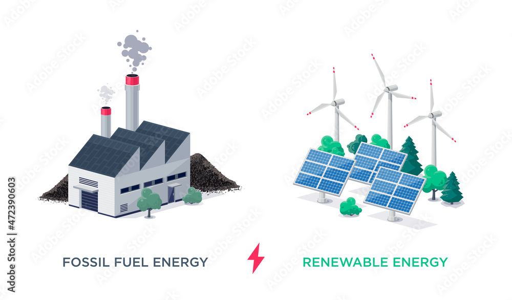 污染化石火力发电厂发电和可再生可持续能源。肮脏的电力