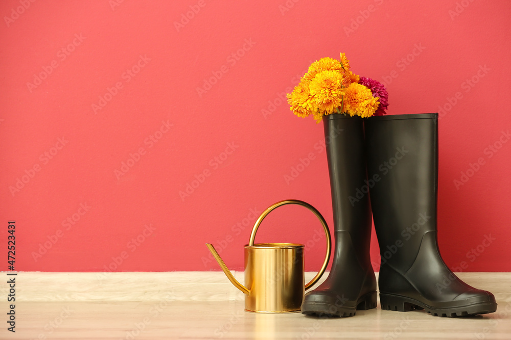 一双橡胶靴、鲜花和喷壶靠在彩色墙上