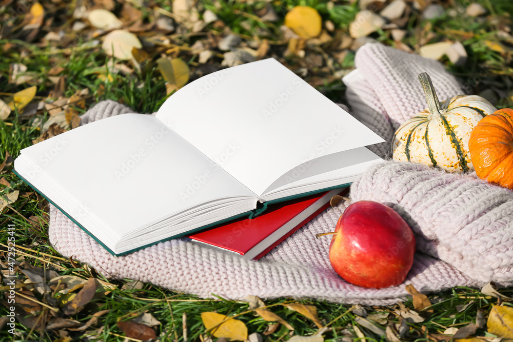 打开的书有空白页，围巾，帽子，苹果和南瓜放在秋天叶子的绿草上