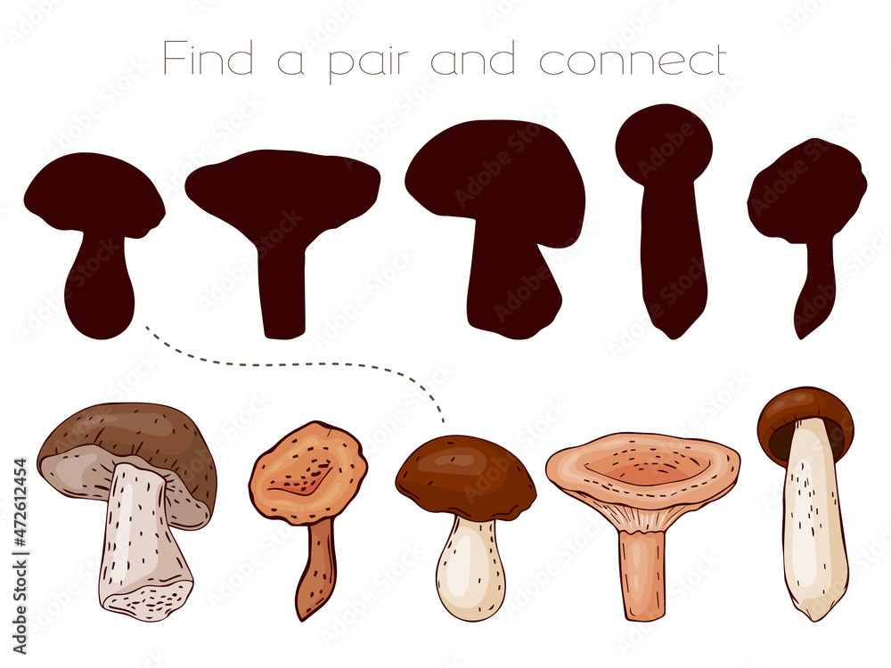 Fun childrens game. Find a couple and connect them. Mushrooms and silhouettes. Vector illustration.