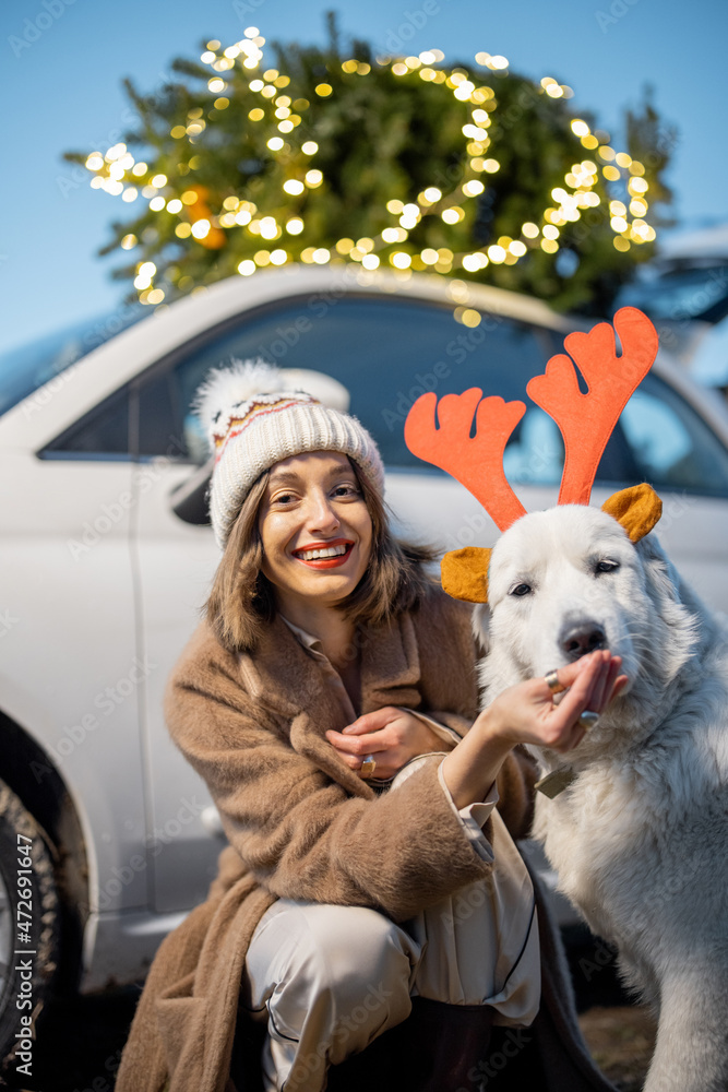 一个女人在汽车附近和她可爱的白狗玩耍，在大自然的屋顶上点亮了圣诞树