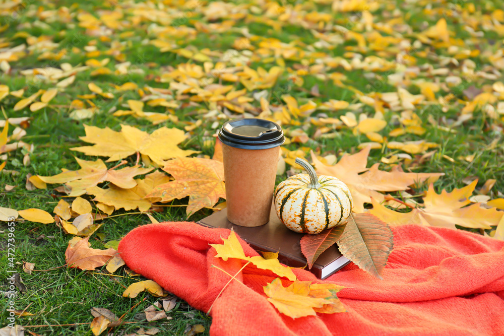 秋天公园里的一杯咖啡、南瓜、书和落叶